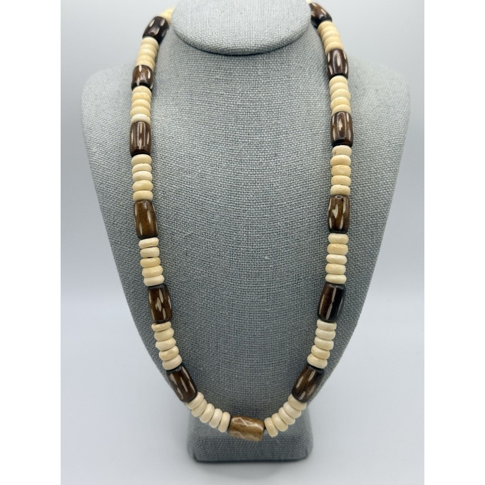 Vintage Heishi Carved Wood Bead Necklace Boho Beach Surf Brown Cream Unisex 16"